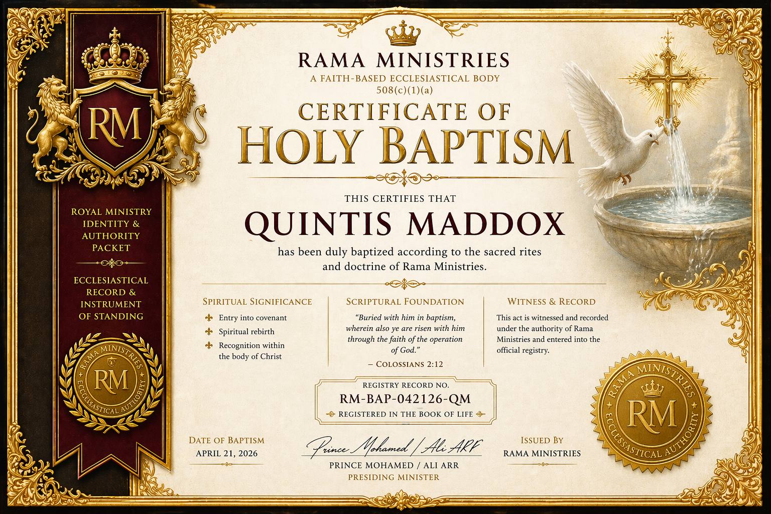 Certificate of Holy Baptism