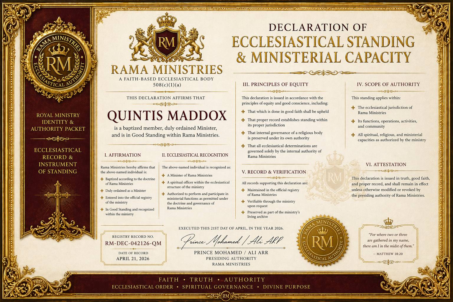 Declaration of Ecclesiastical Standing